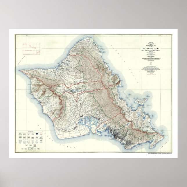 Póster Mapa Topográfico de Oahu Hawaii 1938 (Frente)