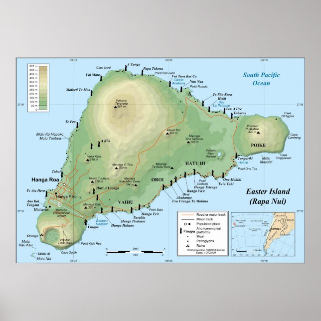 Póster Mapa topográfico detallado de la Isla de Pascua (Frente)