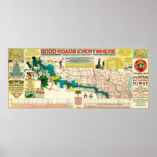 Póster Mapa turístico de la autopista Custer Battlefield (Frente)
