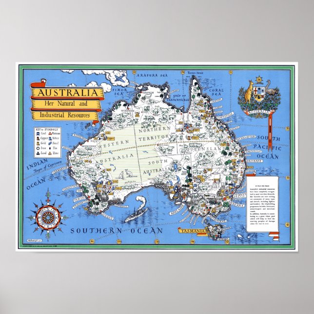 Póster Mapa turístico del vintage australiano (Frente)