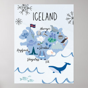 Póster Mapa turístico lindo de Islandia