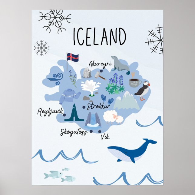 Póster Mapa turístico lindo de Islandia (Frente)