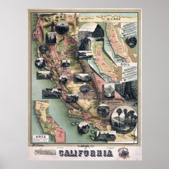 Póster Mapa único de California (1888) (Frente)