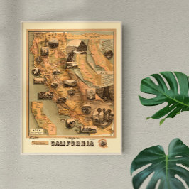 Póster Mapa único restaurado de época de California, 1885
