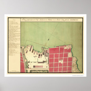 Póster Mapa viejo 1720 de la ciudad de La Habana Cuba