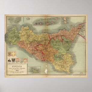 Póster Mapa viejo de Sicilia a partir de 1900 (carta de
