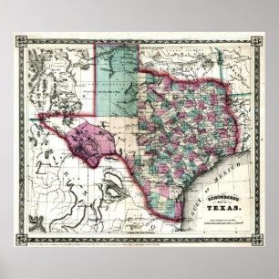 Póster Mapa viejo de Texas de 1866