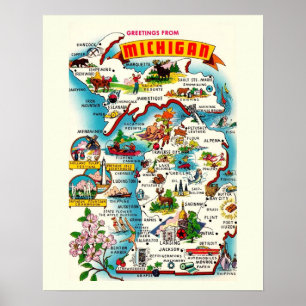 Póster Mapa vintage colorido de Michigan