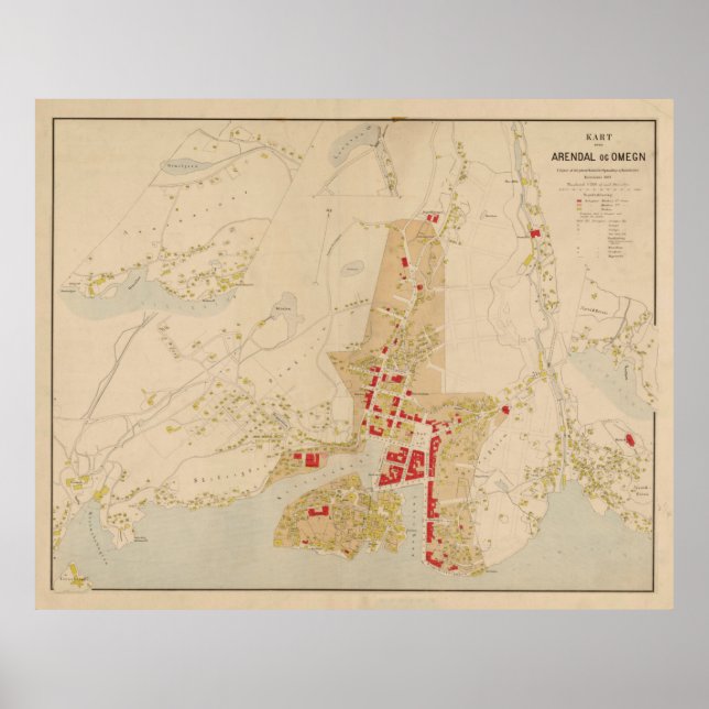 Póster Mapa vintage de Arendal Noruega (1884) (Frente)