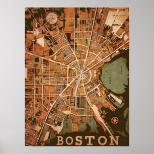 Póster Mapa vintage de Boston Massachusetts, Boston Mamá 