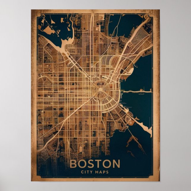 Póster Mapa vintage de Boston Massachusetts, Boston Mamá  (Frente)