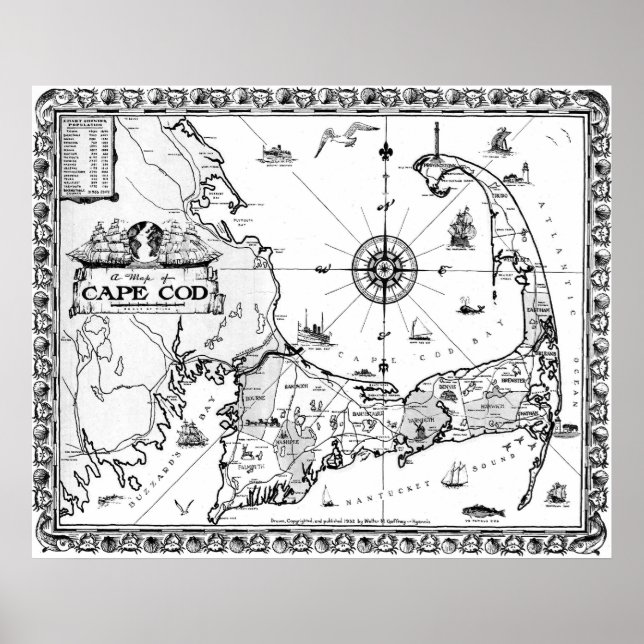 Póster Mapa vintage de Cape Cod BW (Frente)