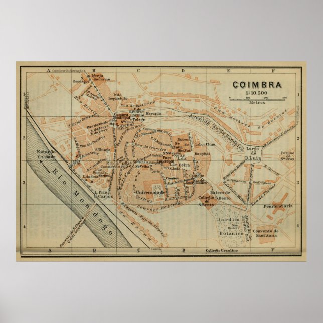 Póster Mapa Vintage de Coimbra Portugal (1913) (Frente)