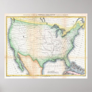 Póster Mapa vintage de declive magnético de Estados Unido