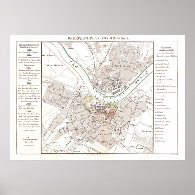 Póster Mapa Vintage de Dresden Alemania (1849) (Frente)