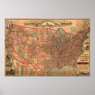 Póster Mapa Vintage de Estados Unidos (1883)