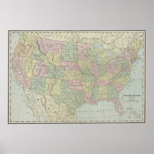 Póster Mapa Vintage de Estados Unidos (1889) (Frente)