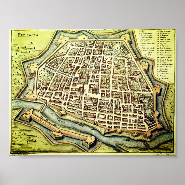 Póster Mapa vintage de Ferrara, ITALIA (Frente)