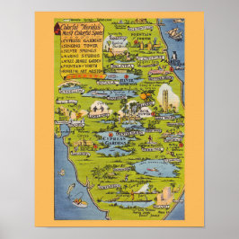 Póster Mapa vintage de Florida de lugares coloridos