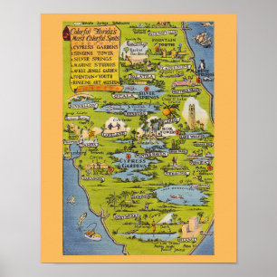 Póster Mapa vintage de Florida de lugares coloridos