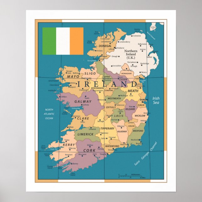 Póster Mapa vintage de Irlanda (Frente)