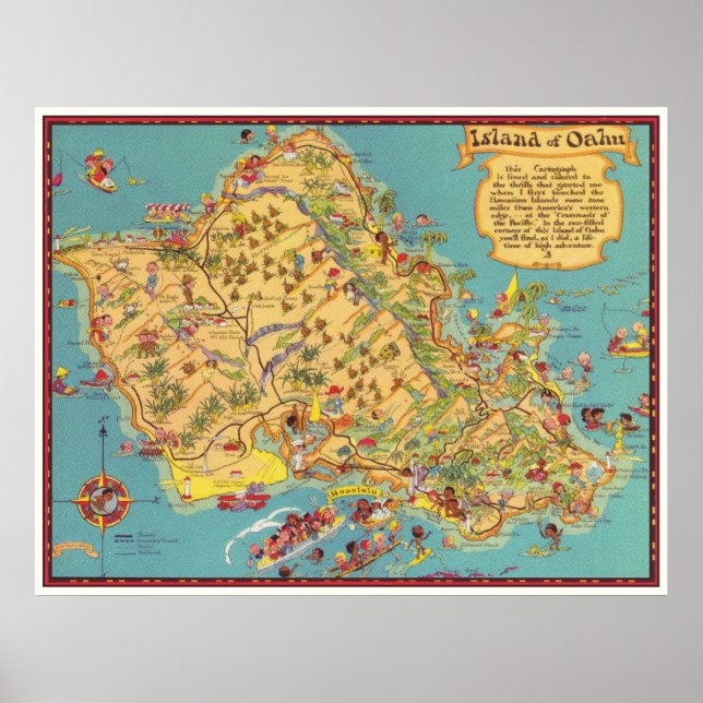 Póster Mapa vintage de la isla de Oahu (Frente)