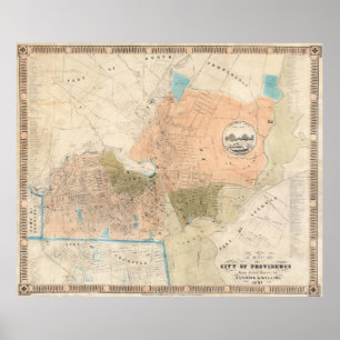 Póster Mapa vintage de la isla Providence Rhode (1851)
