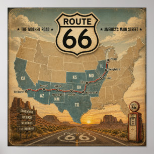 Póster Mapa vintage de la ruta 66 bomba de gasolina paisa