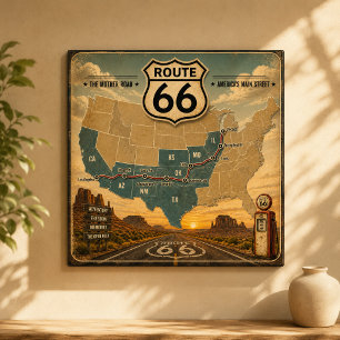 Póster Mapa vintage de la ruta 66 bomba de gasolina paisa