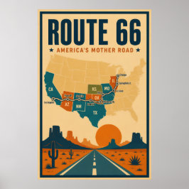 Póster Mapa vintage de la ruta 66 paisaje de carretera de