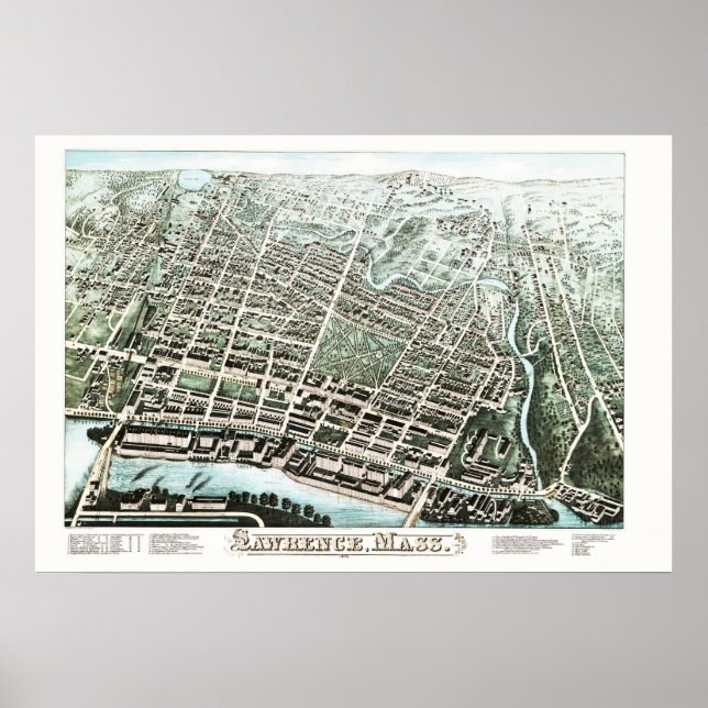 Póster Mapa vintage de Lawrence, Massachusetts de 1876 (Frente)