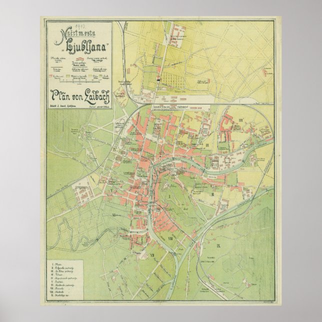 Póster Mapa vintage de Ljubljana Eslovenia (1902) (Frente)