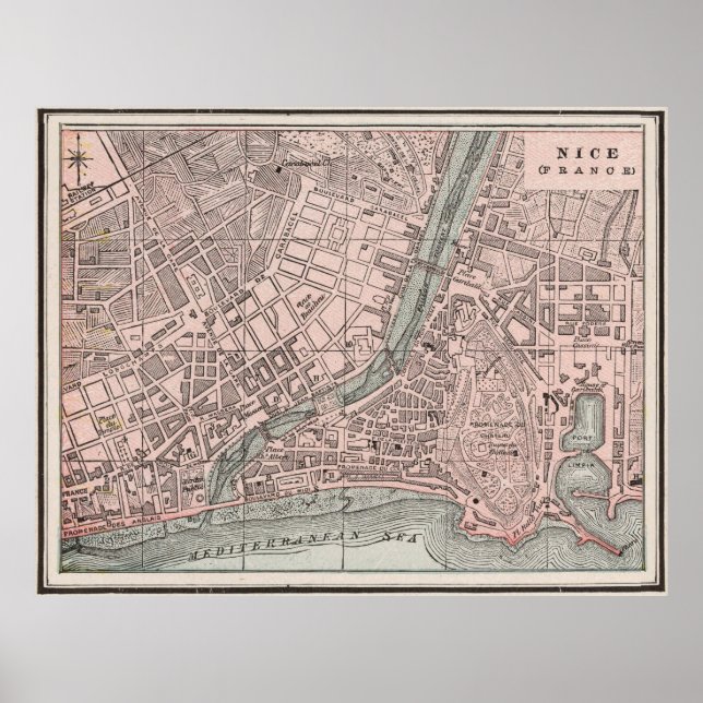 Póster Mapa vintage de Niza Francia (1901) (Frente)