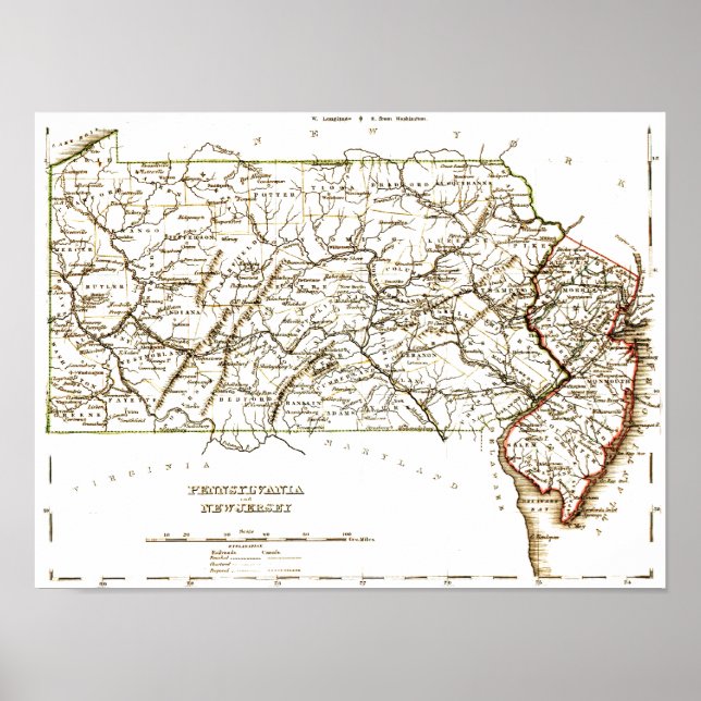 Póster Mapa Vintage De Pennsylvania+NJ 1875 (Frente)