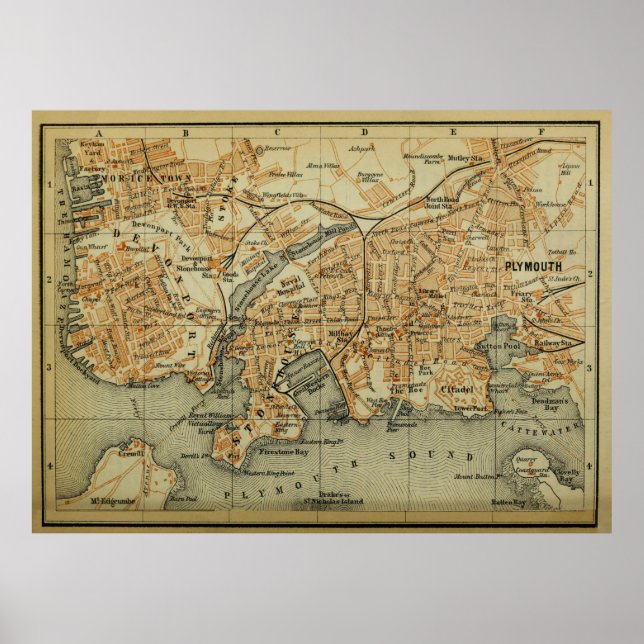Póster Mapa Vintage de Plymouth Inglaterra (1901) (Frente)