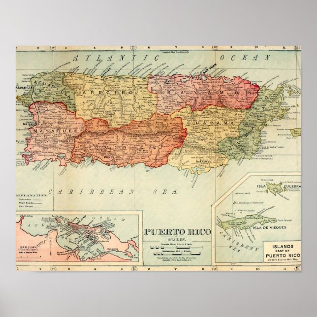 Póster Mapa vintage de Puerto Rico, 1898 (Frente)