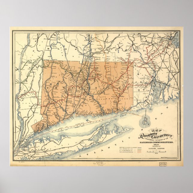 Póster Mapa vitícola del ferrocarril de Connecticut (1893 (Frente)
