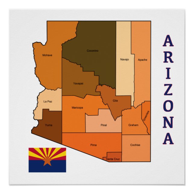 Póster Mapa y bandera de Arizona (Anverso)