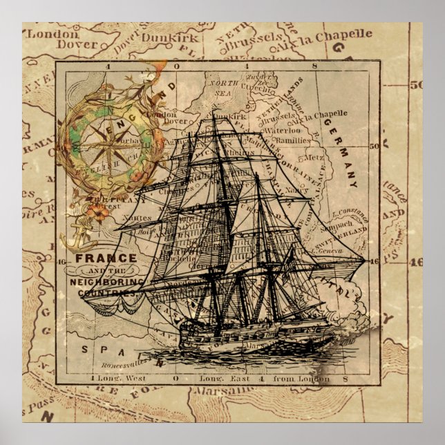 Póster Mapa y barco del antiguo general de Francia (Frente)