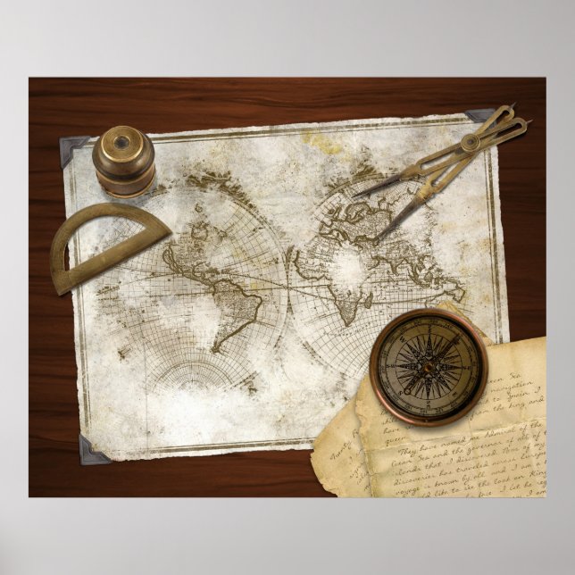Póster Mapa Y Herramientas Del Mundo De Vintage (Frente)