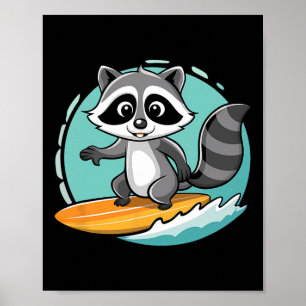 Póster Mapache aventurero surfeando en olas épicas divert