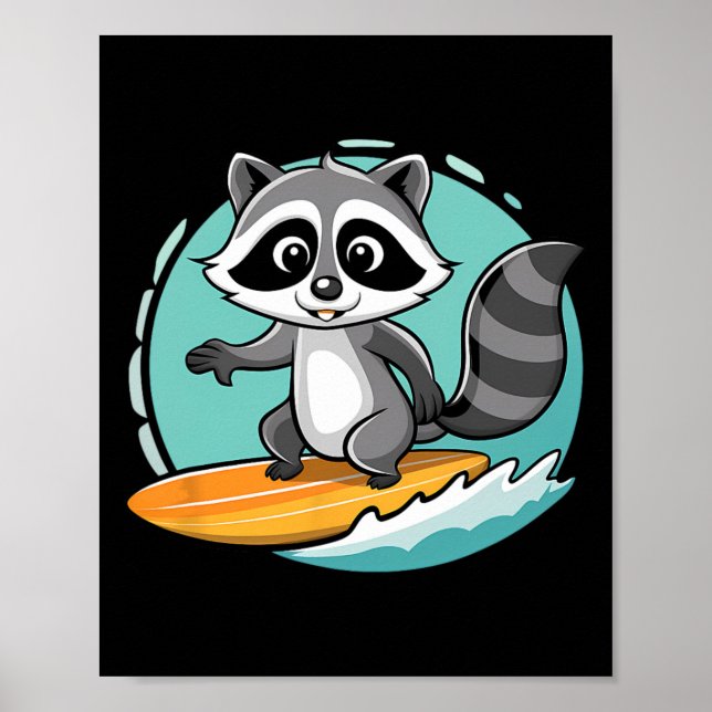 Póster Mapache aventurero surfeando en olas épicas divert (Frente)