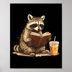 Póster Mapache bebiendo café con hielo y leyendo un libro