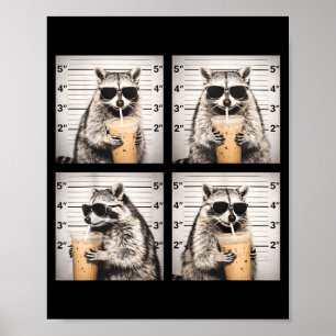 Póster Mapache bebiendo café helado divertida foto polici