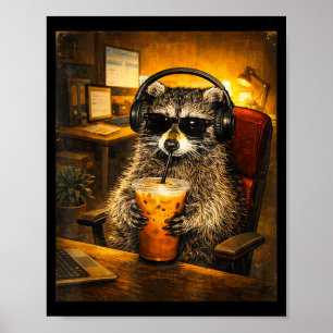 Póster Mapache bebiendo café helado divertido amante de l