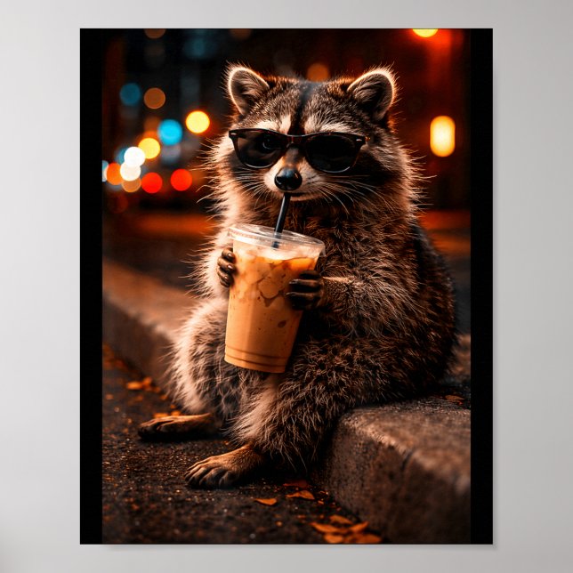 Póster Mapache bebiendo café helado divertido mapache bas (Frente)
