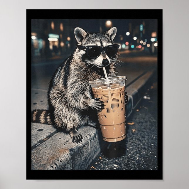 Póster Mapache bebiendo café helado divertido meme de ani (Frente)