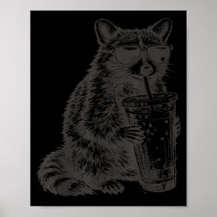 Póster Mapache bebiendo café helado divertido para hombre