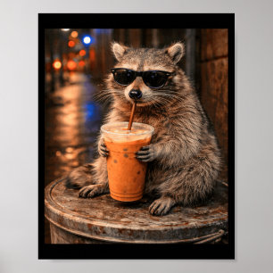Póster Mapache bebiendo café helado meme divertido animal