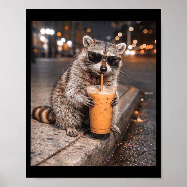 Póster Mapache bebiendo café helado meme divertido animal (Frente)